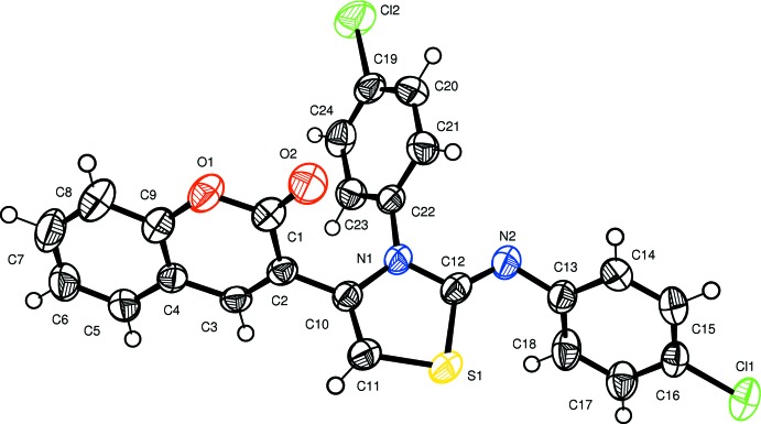 Crystal structure of (Z)-3-{3-(4-chloro-phen-yl)-2-[(4-chloro-phen-yl)imino]-2,3-di-hydro-thia-zol-4-yl}-2H-chromen-2-one.