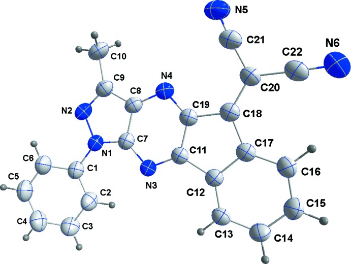 Crystal structure of 2-[12-methyl-14-phenyl-10,13,14,16-tetra-aza-tetra-cyclo[7.7.0.0(2,7).0(11,15)]hexa-deca-1(16),2,4,6,9,11(15),12-heptaen-8-yl-idene]propandi-nitrile.