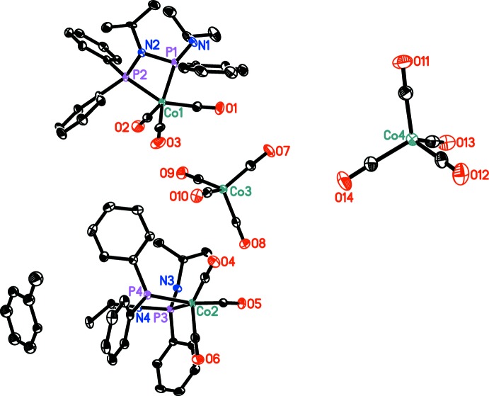 Crystal structure of tricarbon-yl(N-di-phenyl-phosphanyl-N,N'-diisopropyl-P-phenyl-phospho-nous di-amide-κ(2) P,P')cobalt(I) tetra-carbonyl-cobaltate(-I) toluene 0.25-solvate.