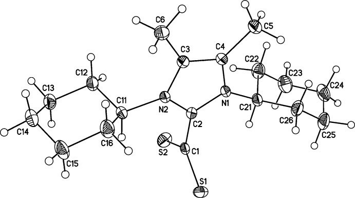 Crystal structure of 1,3-di-cyclo-hexyl-4,5-dimethyl-1H-imidazol-3-ium-2-carbodi-thio-ate chloro-form monosolvate.