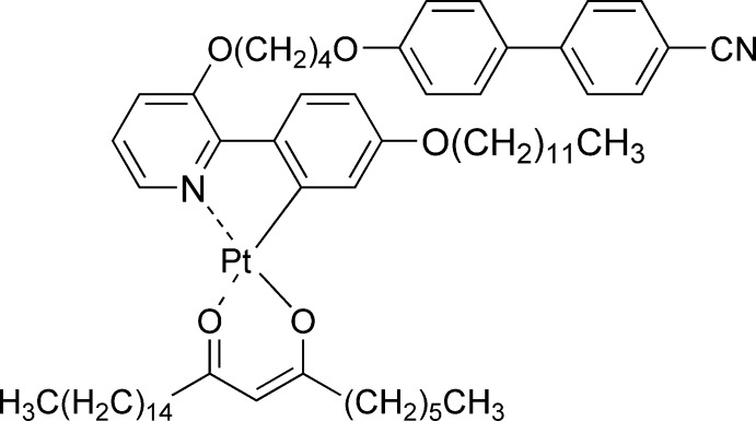 Crystal structure of (2-{3-[4-(4'-cyano-biphenyl-4-yl-oxy)but-oxy]pyridin-2-yl-κN}-5-(dodec-yloxy)phenyl-κC (1))(9-oxo-tetra-cos-7-en-7-olato-κ(2) O,O')platinum(II).