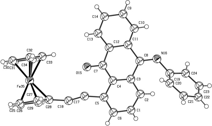 Crystal structure of (Z)-1-(ferrocenylethyn-yl)-10-(phenyl-imino)-anthracen-9(10H)-one from synchrotron X-ray powder diffraction.