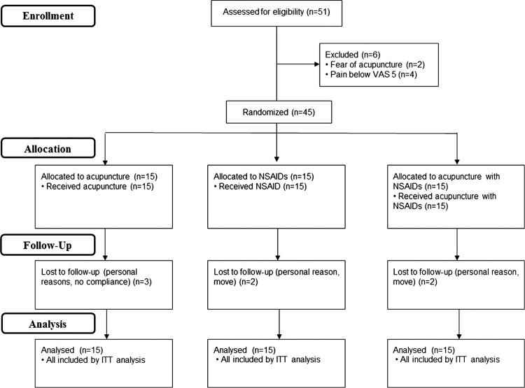 Acupuncture with non-steroidal anti-inflammatory drugs (NSAIDs) versus acupuncture or NSAIDs alone for the treatment of chronic neck pain: an assessor-blinded randomised controlled pilot study.
