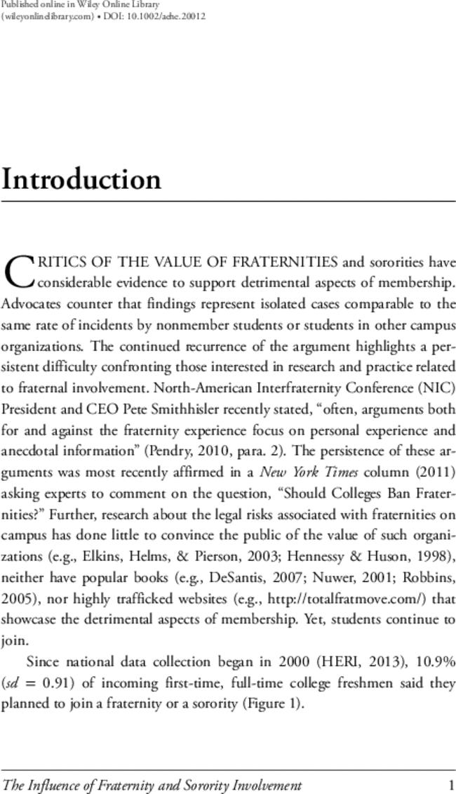 The Influence of Fraternity and Sorority Involvement: A Critical Analysis of Research (1996–2013)