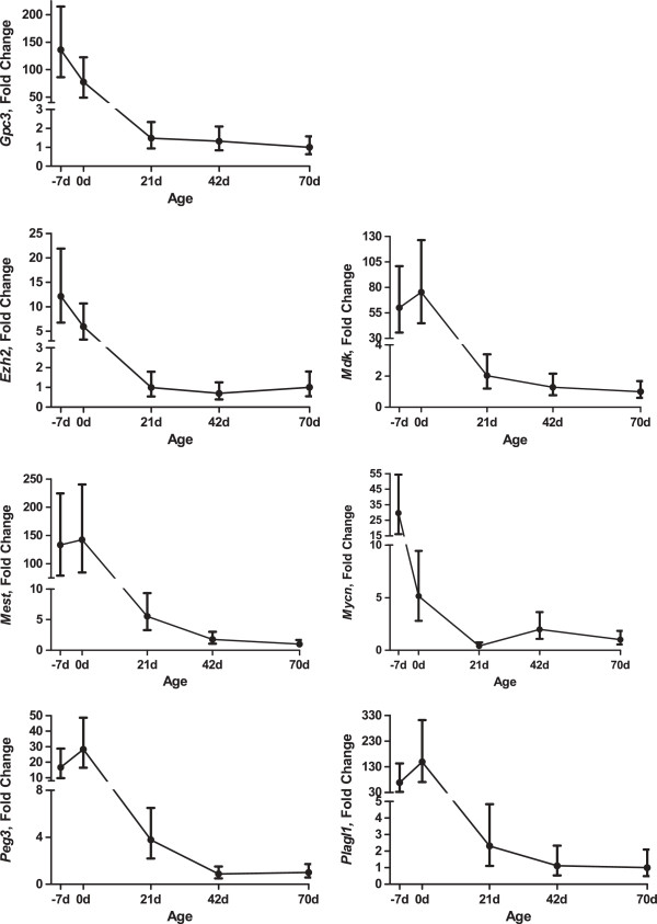 Reductions in expression of growth regulating genes in skeletal muscle with age in wild type and myostatin null mice.