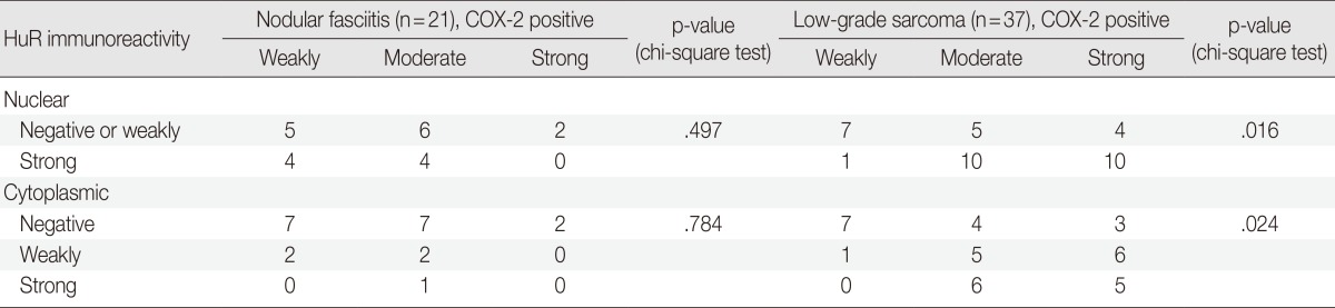 Expression of HuR and Cyclooxygenase-2 in Nodular Fasciitis and Low-Grade Sarcoma: An Immunohistochemical Study.