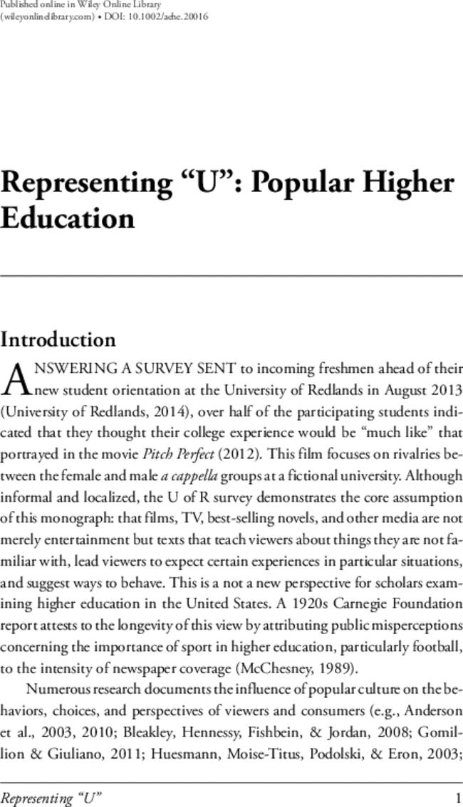 Representing “U”: Popular Culture, Media, and Higher Education