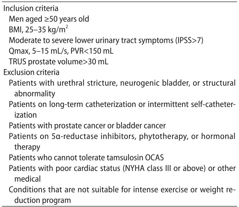 Effect of weight reduction on the severity of lower urinary tract symptoms in obese male patients with benign prostatic hyperplasia: a randomized controlled trial.