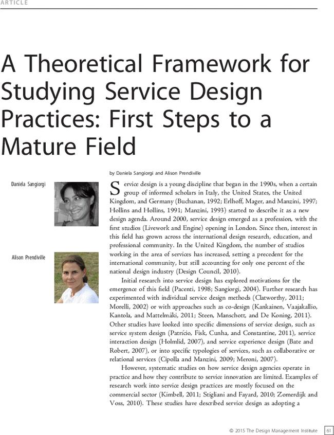 A Theoretical Framework for Studying Service Design Practices: First Steps to a Mature Field