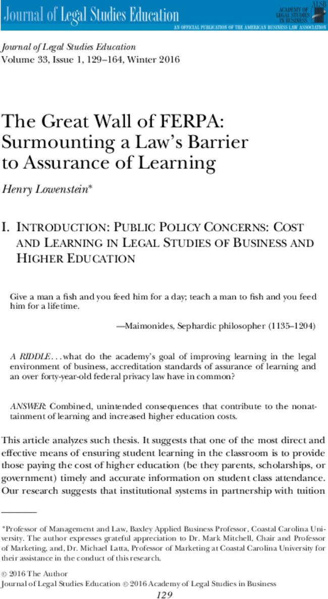 The Great Wall of FERPA: Surmounting a Law's Barrier to Assurance of Learning