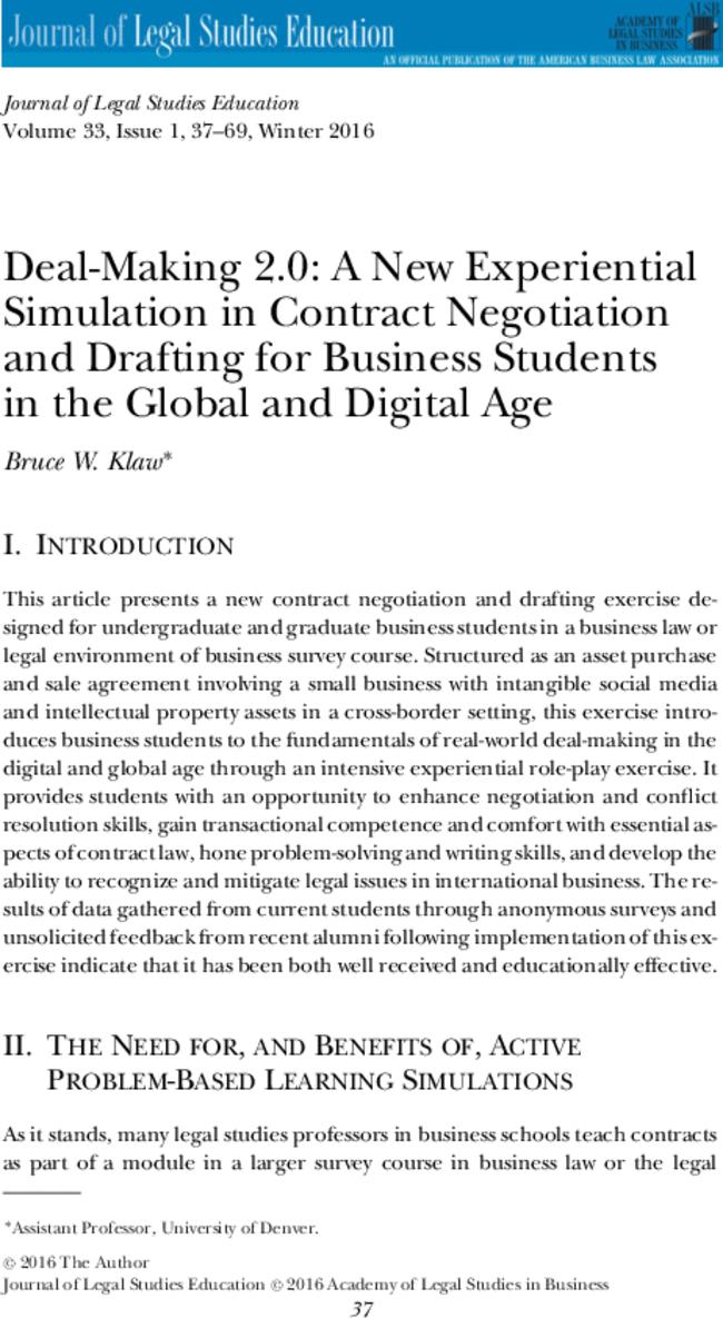 Deal-Making 2.0: A New Experiential Simulation in Contract Negotiation and Drafting for Business Students in the Global and Digital Age