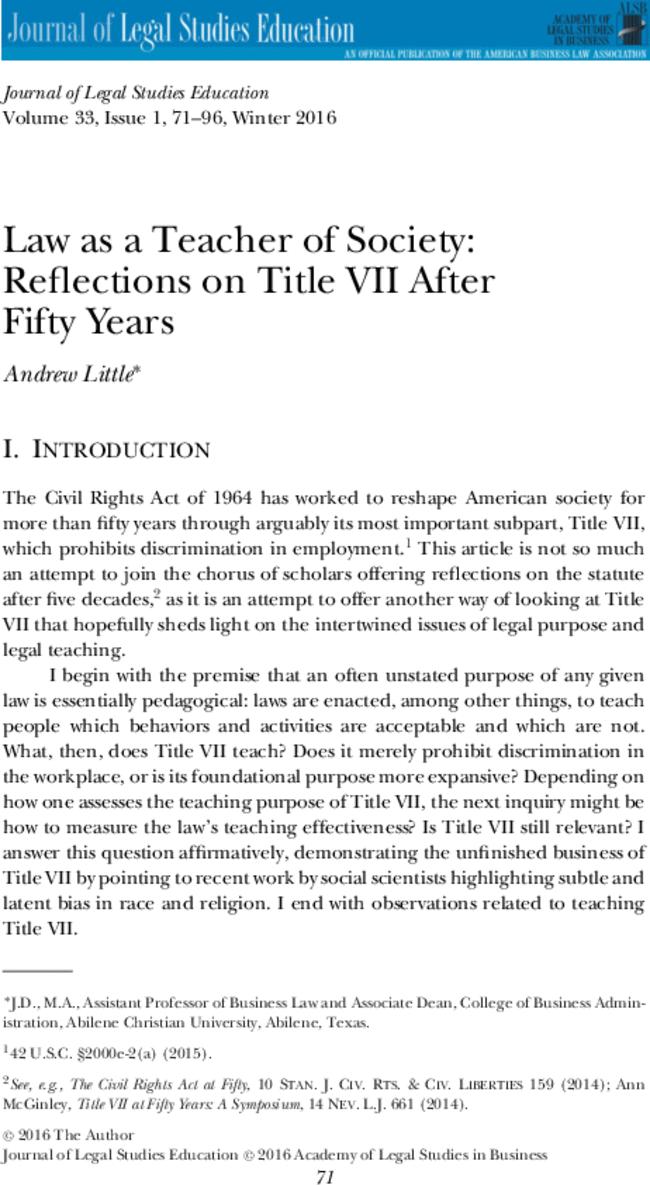 Law as a Teacher of Society: Reflections on Title VII After Fifty Years