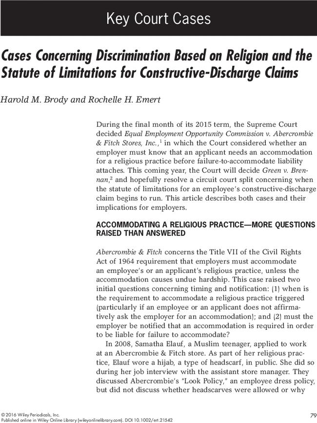 Cases Concerning Discrimination Based on Religion and the Statute of Limitations for Constructive-Discharge Claims