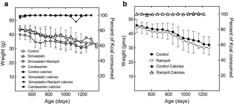 Combined statin and angiotensin-converting enzyme (ACE) inhibitor treatment increases the lifespan of long-lived F1 male mice.