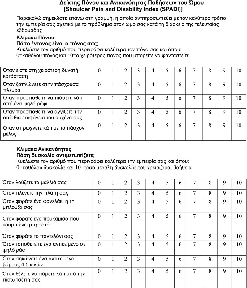 The Greek version of Shoulder Pain and Disability Index (SPADI): translation, cultural adaptation, and validation in patients with rotator cuff tear.