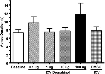 Intracerebroventricular injections of dronabinol, a cannabinoid receptor agonist, does not attenuate serotonin-induced apnea in Sprague-Dawley rats.