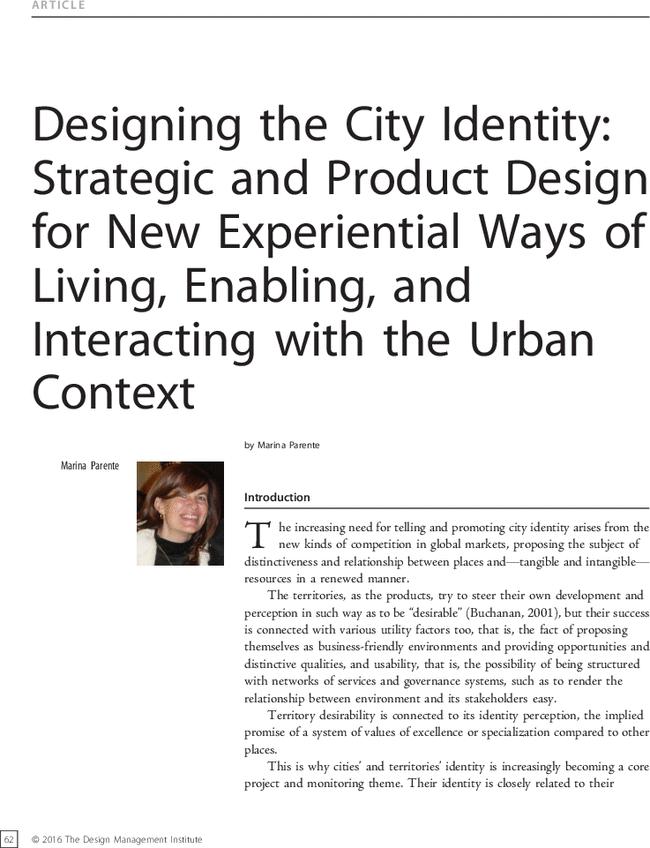 Designing the City Identity: Strategic and Product Design for New Experiential Ways of Living, Enabling, and Interacting with the Urban Context