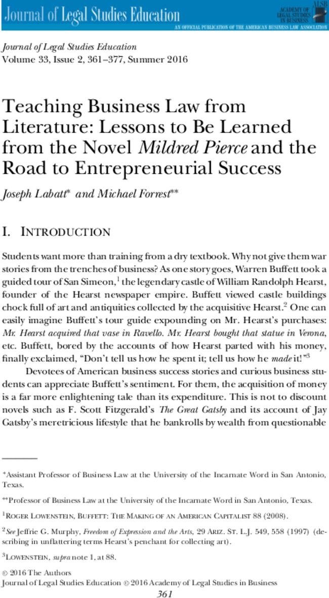 Teaching Business Law from Literature: Lessons to Be Learned from the Novel Mildred Pierce and the Road to Entrepreneurial Success