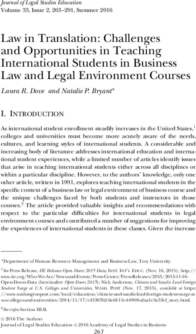 Law in Translation: Challenges and Opportunities in Teaching International Students in Business Law and Legal Environment Courses