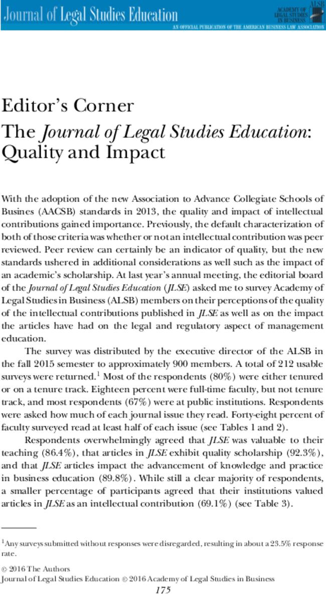 Editor's Corner The Journal of Legal Studies Education: Quality and Impact