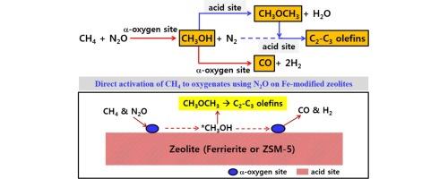 Direct activation of CH4 to oxygenates and unsaturated hydrocarbons using N2O on Fe-modified zeolites