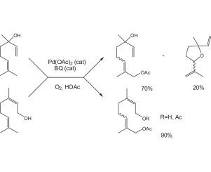 Functionalization of the naturally occurring linalool and nerol by the palladium catalyzed oxidation of their trisubstituted olefinic bonds