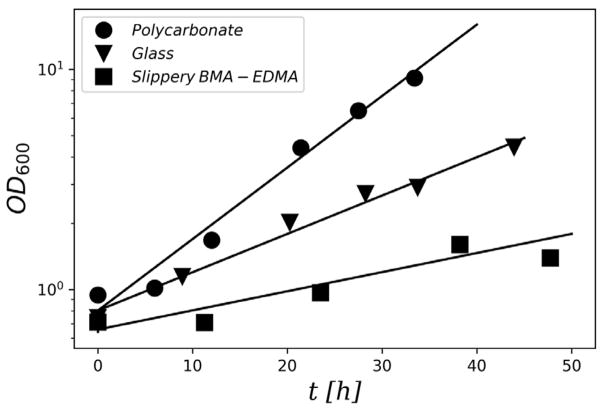 Growth Rate of <i>Pseudomonas aeruginosa</i> Biofilms on Slippery Butyl Methacrylate-Co-Ethylene Dimethacrylate (BMA-EDMA), Glass and Polycarbonate Surfaces.