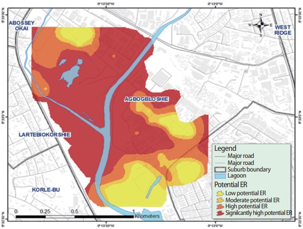 Spatial assessment of potential ecological risk of heavy metals in soils from informal e-waste recycling in Ghana.