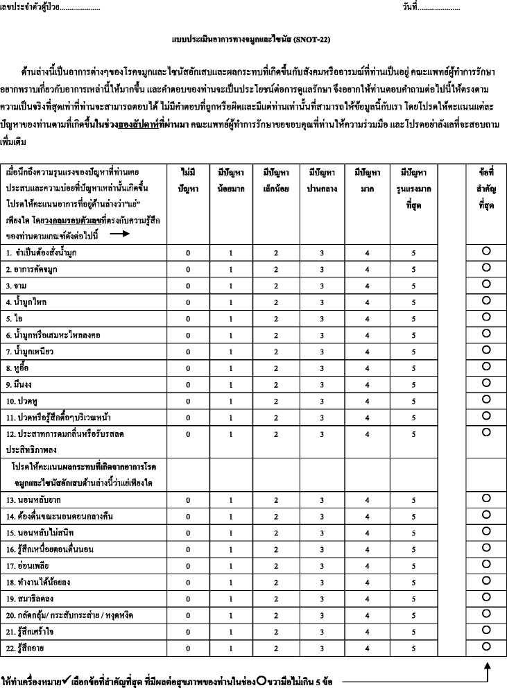 Reliability and validity study of Sino-nasal outcome test 22 (Thai version) in chronic rhinosinusitis.