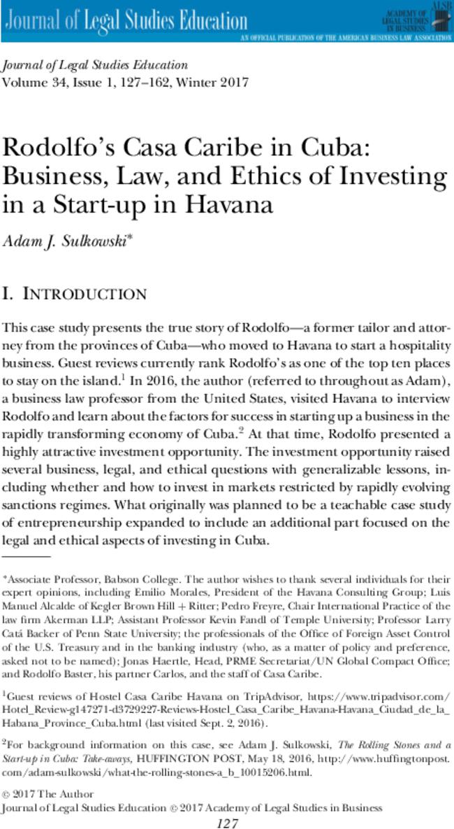 Rodolfo's Casa Caribe in Cuba: Business, Law, and Ethics of Investing in a Start-up in Havana