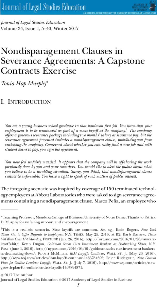 Nondisparagement Clauses in Severance Agreements: A Capstone Contracts Exercise