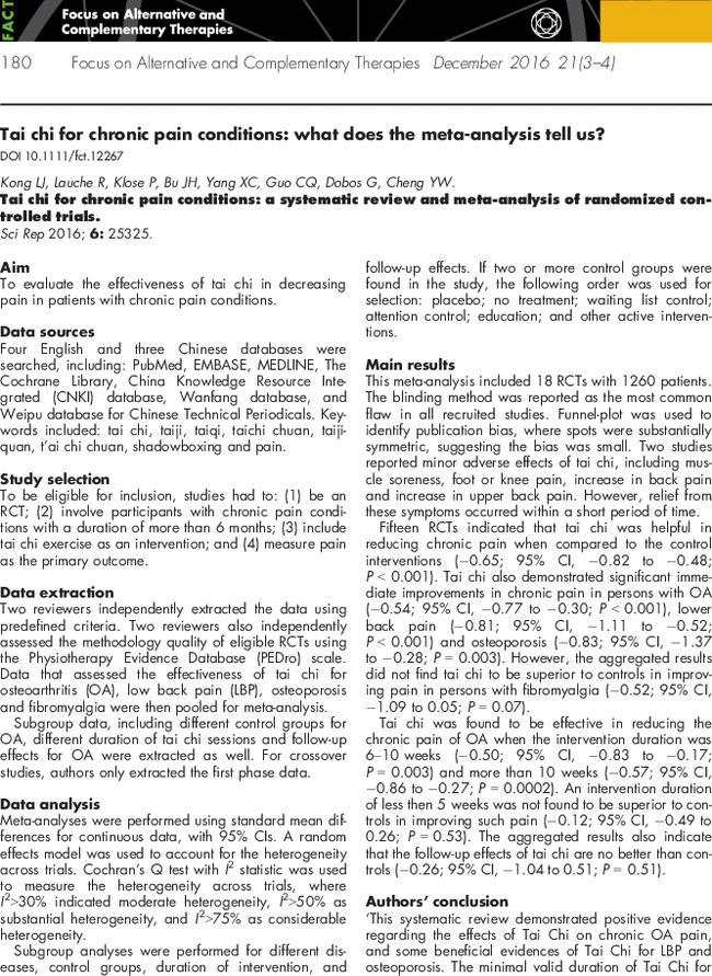 Tai chi for chronic pain conditions: what does the meta-analysis tell us?