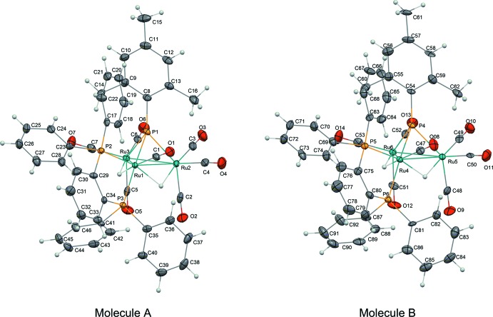 Crystal structure of [1,2-bis-(di-phenyl-phosphan-yl)benzene]-hepta-carbonyldi-μ-hydrido-(μ<sub>3</sub>-2,4,6-tri-methyl-phenyl-phosphin-idene)-<i>triangulo</i>-triruthenium.