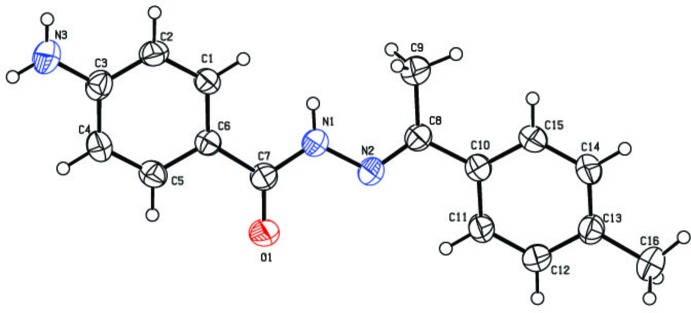 Crystal structure and Hirshfeld surface analysis of (<i>E</i>)-4-amino-<i>N</i>'-[1-(4-methyl-phen-yl)ethyl-idene]benzohydrazide.