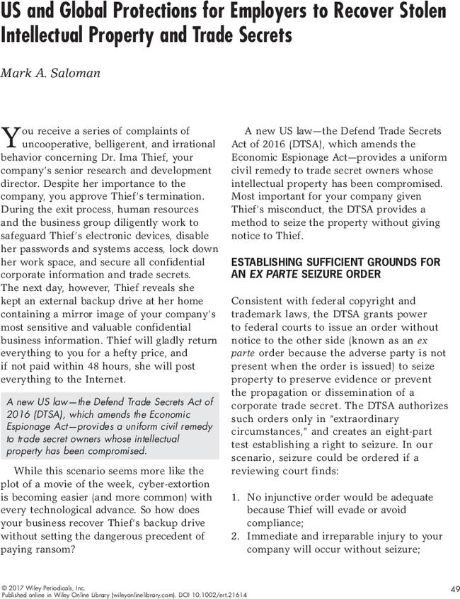 US and Global Protections for Employers to Recover Stolen Intellectual Property and Trade Secrets