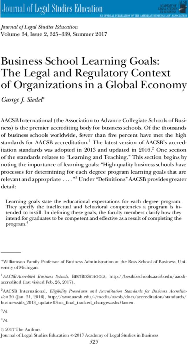 Business School Learning Goals: The Legal and Regulatory Context of Organizations in a Global Economy