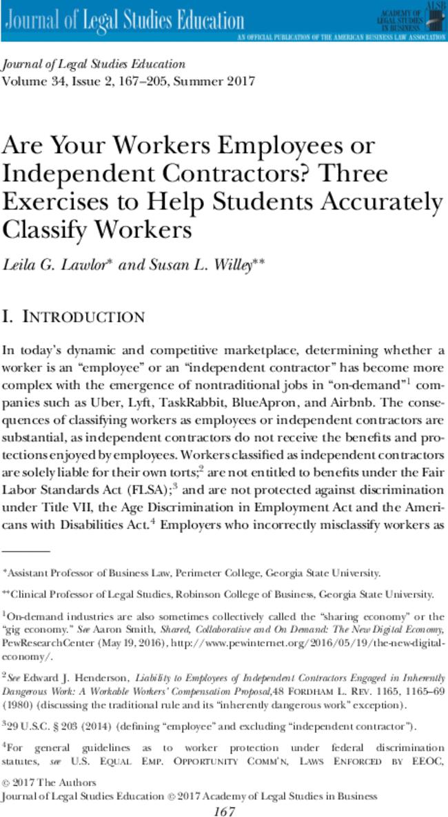 Are Your Workers Employees or Independent Contractors? Three Exercises to Help Students Accurately Classify Workers