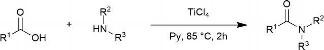 Formation of amides: one-pot condensation of carboxylic acids and amines mediated by TiCl<sub>4</sub>.