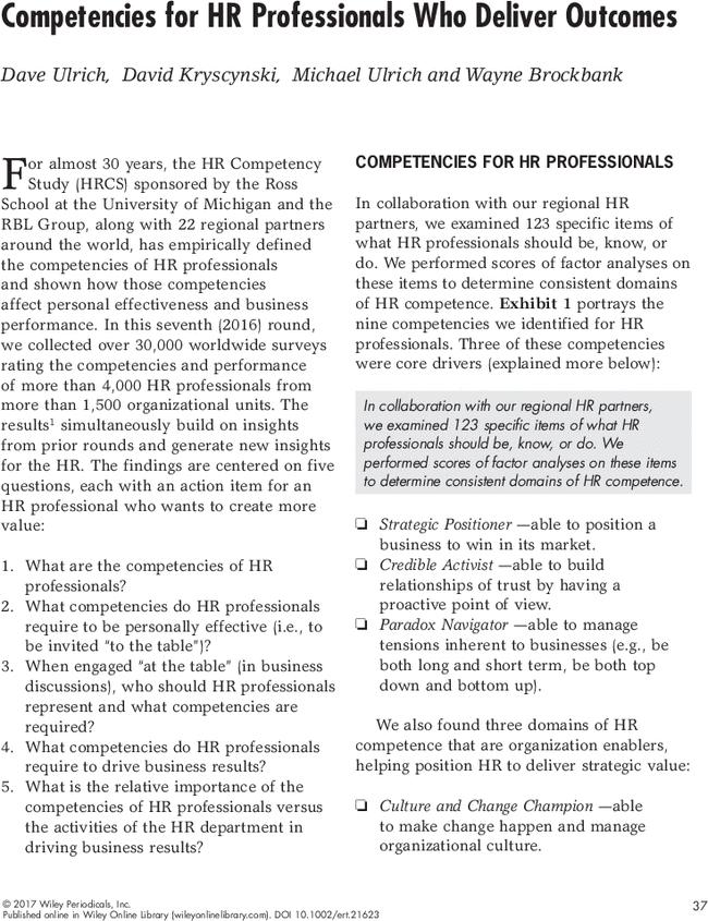 Competencies for HR Professionals Who Deliver Outcomes