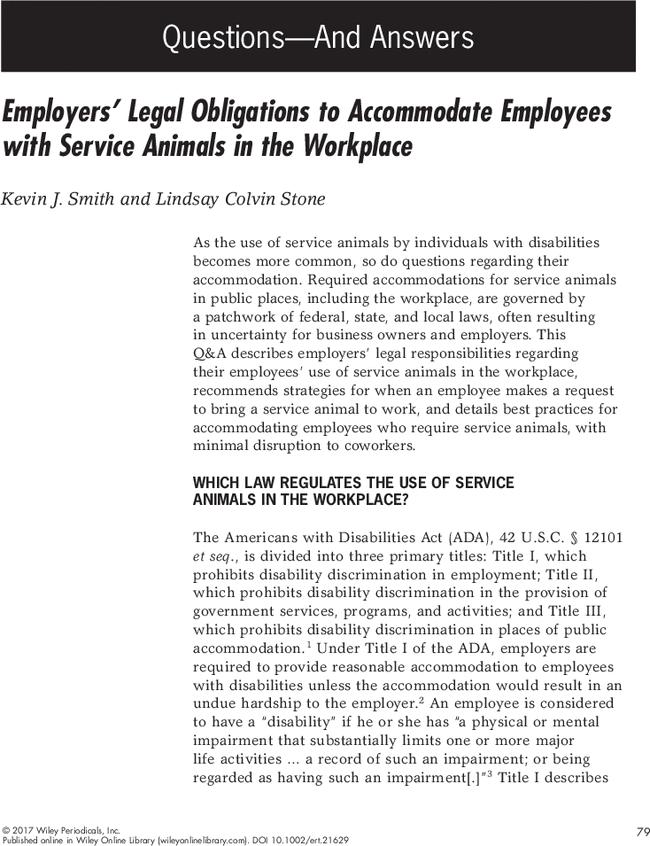 Employers' Legal Obligations to Accommodate Employees with Service Animals in the Workplace