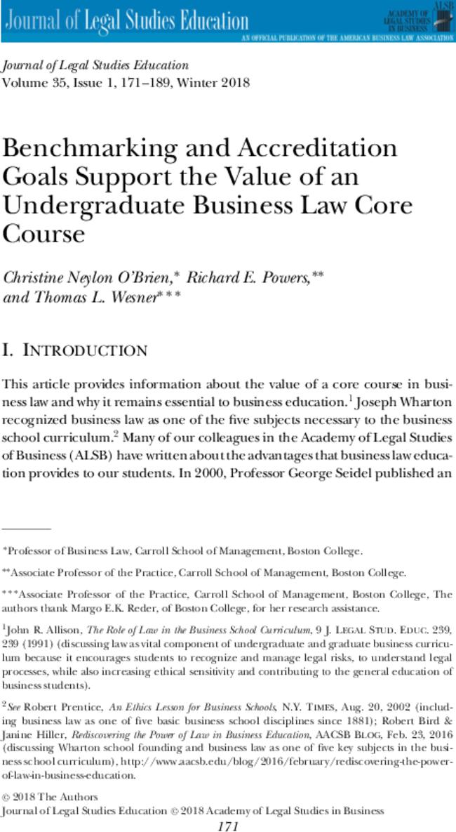 Benchmarking and Accreditation Goals Support the Value of an Undergraduate Business Law Core Course