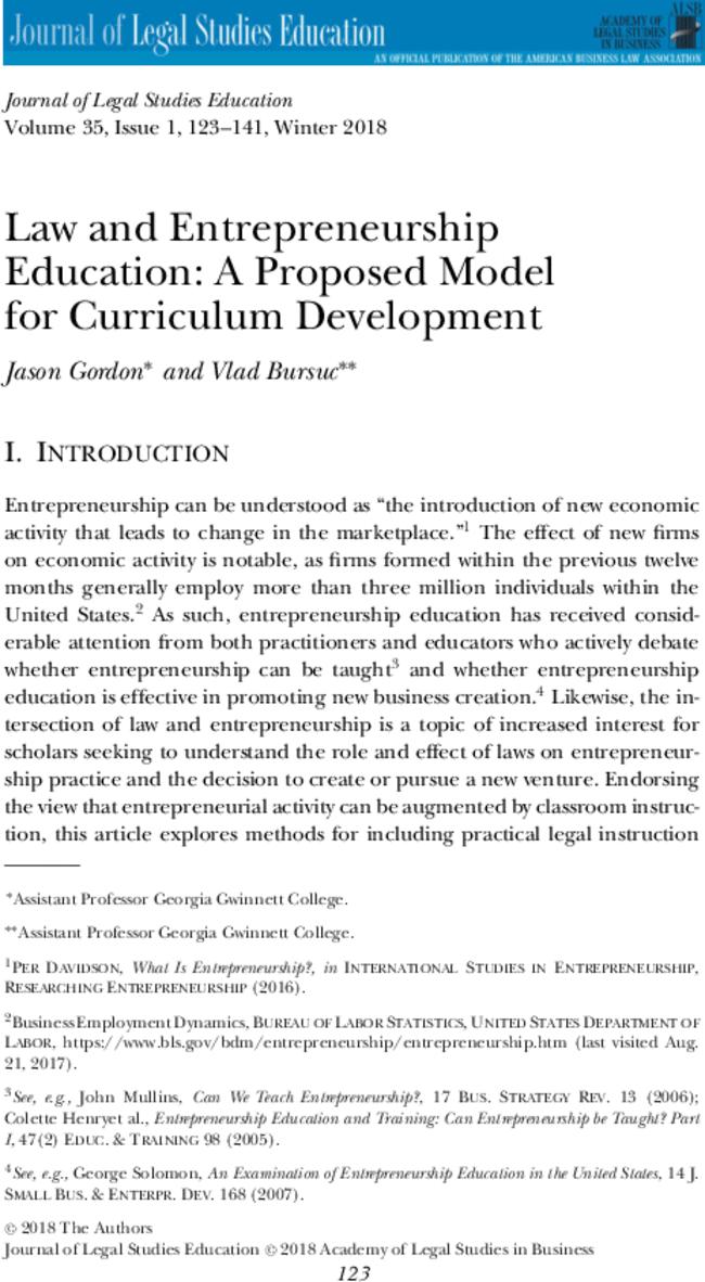 Law and Entrepreneurship Education: A Proposed Model for Curriculum Development