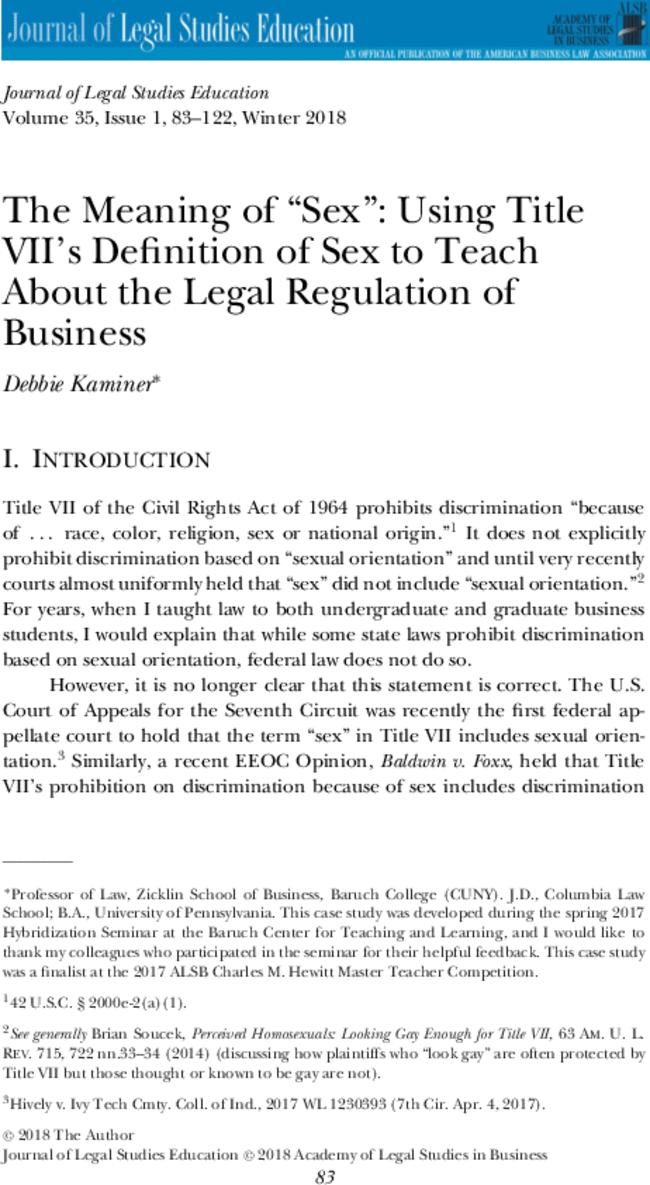 The Meaning of “Sex”: Using Title VII's Definition of Sex to Teach About the Legal Regulation of Business