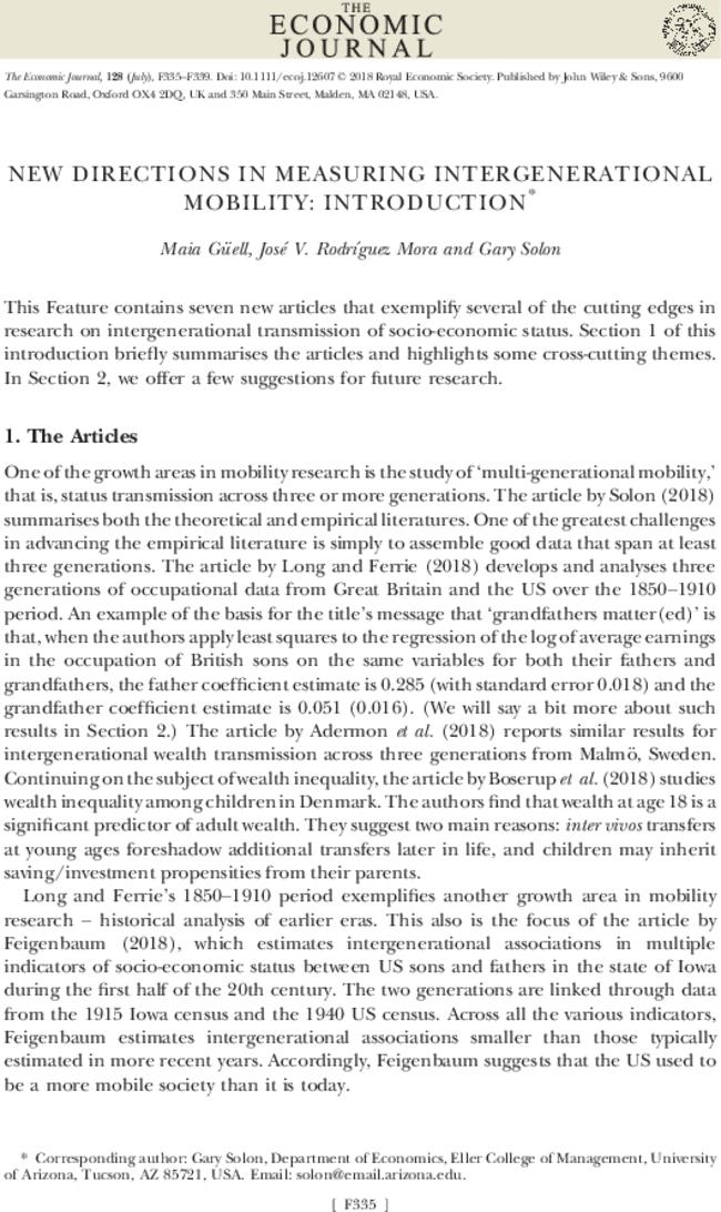 New Directions in Measuring Intergenerational Mobility: Introduction