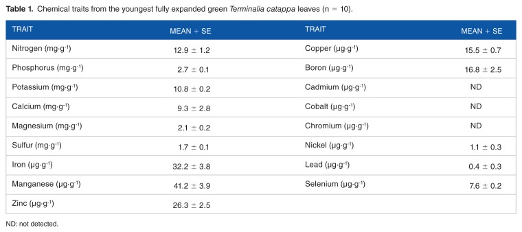 Leaf Damage by Phytophagous Beetles alters <i>Terminalia catappa</i> Green and Senesced Leaf Chemistry.