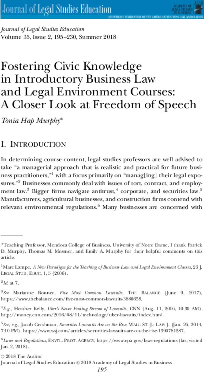 Fostering Civic Knowledge in Introductory Business Law and Legal Environment Courses: A Closer Look at Freedom of Speech