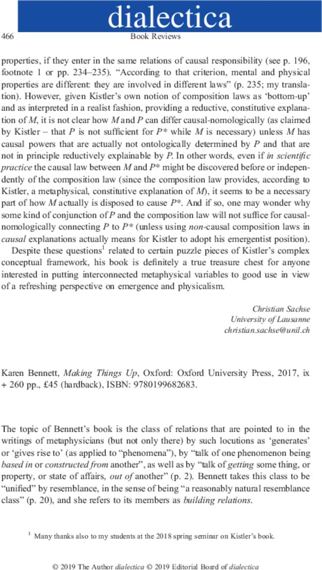 Karen Bennett,  Making Things Up, Oxford: Oxford University Press,  2017, ix + 260 pp., £45 (hardback), ISBN: 9780199682683.