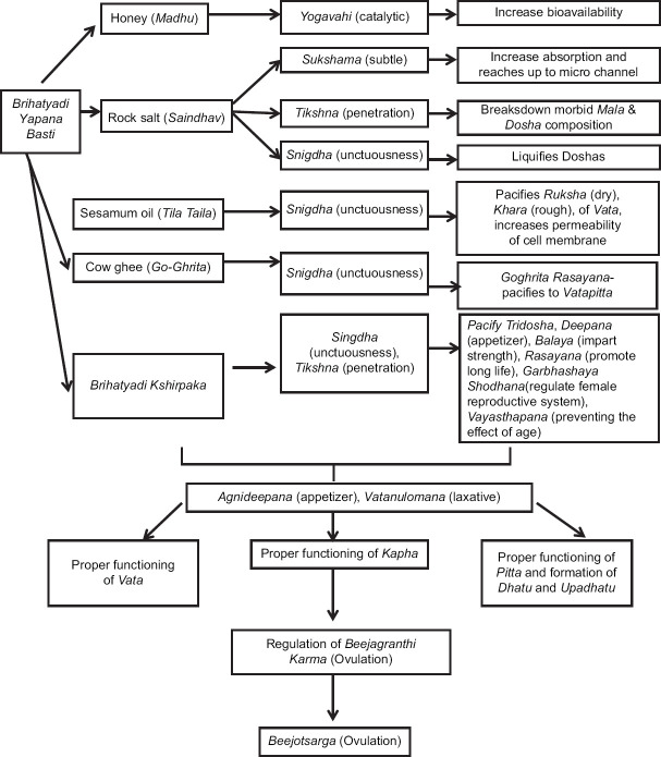 Effect of <i>Brihatyadi Yapana Basti</i> and <i>Shivalingi</i> (<i>Bryonia laciniosa</i> Linn.) seed powder in the management of female infertility (<i>Vandhyatva</i>) due to anovulatory factor: An open-labelled randomized clinical trial.