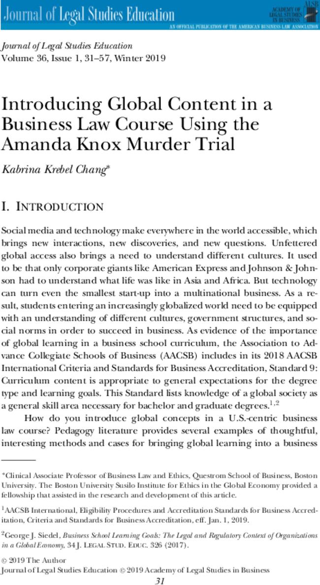 Introducing Global Content in a Business Law Course Using the Amanda Knox Murder Trial