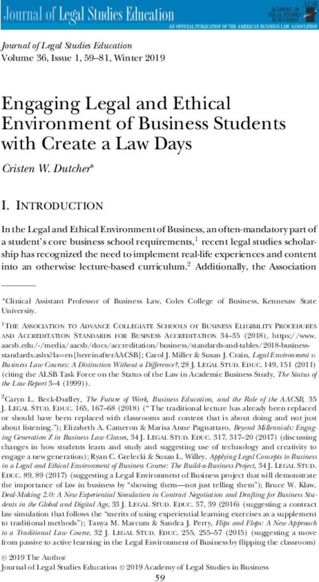 Engaging Legal and Ethical Environment of Business Students with Create a Law Days